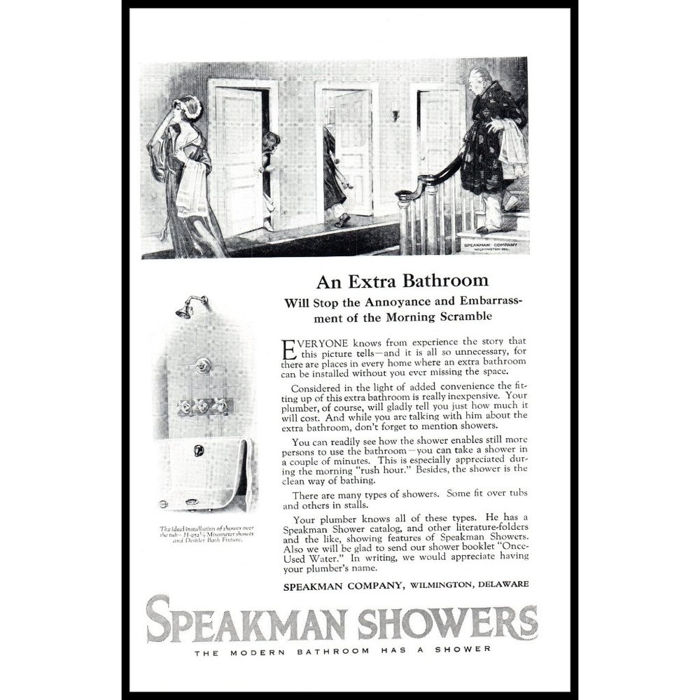 1924 Speakman Showers Vintage Print Ad Showerhead Woman Bathrobe Towel Wall Art